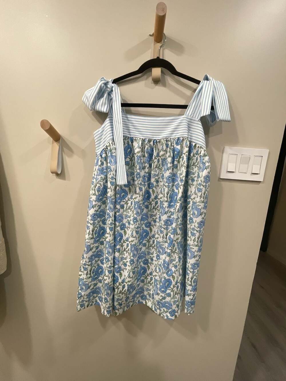 Threaded Pear Estelle Knot Straps Mini Dress in Blue Floral and Stripe